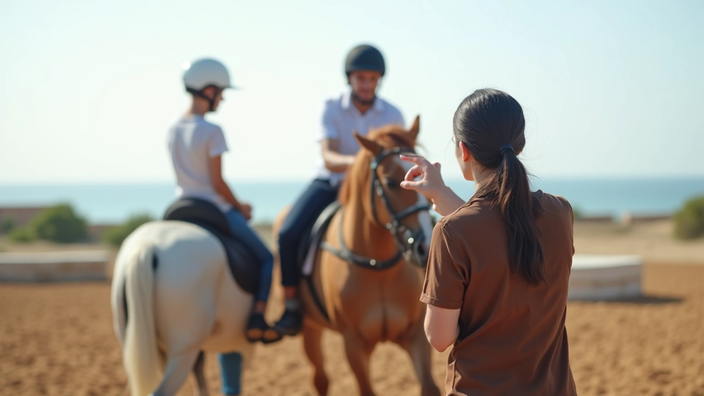 مدرب يعلّم الطالب تقنيات الركوب الصحيحة على حصان عربي في حلبة التدريب