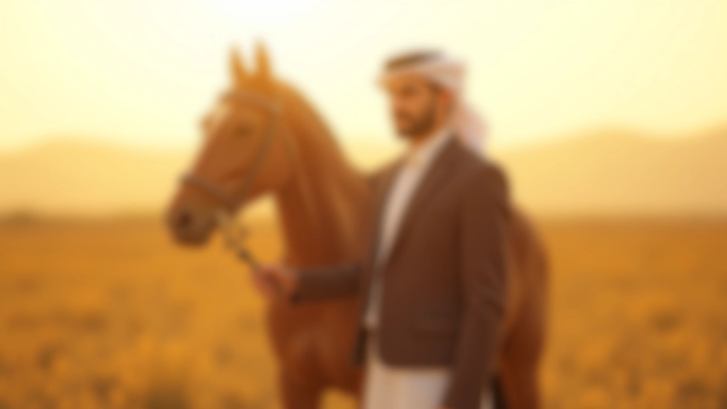 رجل يرتدي ملابس فروسية تقليدية يقف بجانب حصان عربي بني اللون في حقل مشمس